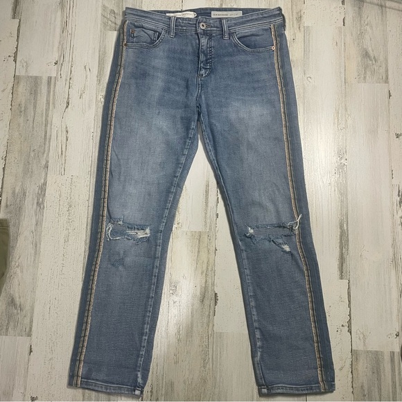 Pilcro Anthropologie Side Stripe Mid-Rise Slim Boyfriend Jeans sz 27 Distressed - Picture 4 of 12